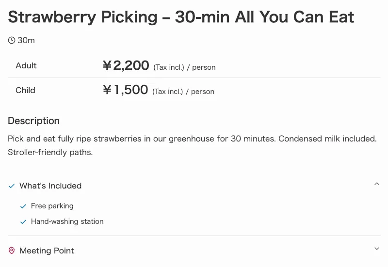英語で表示された予約画面。商品名「Strawberry Picking – 30-min All You Can Eat」、大人・子供の料金、説明文、含まれるものが英語で並んでいる
